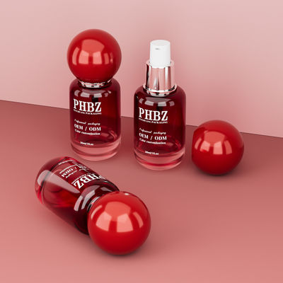 30ml / 1oz 빈 빨간색 기울기 유리 화장품 세움병 둥근 공 캡, 사용자 지정 색상 OEM ODM 로션 에센셜 오일 피부 관리 포장
