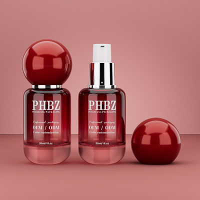 30ml / 1oz 빈 빨간색 기울기 유리 화장품 세움병 둥근 공 캡, 사용자 지정 색상 OEM ODM 로션 에센셜 오일 피부 관리 포장