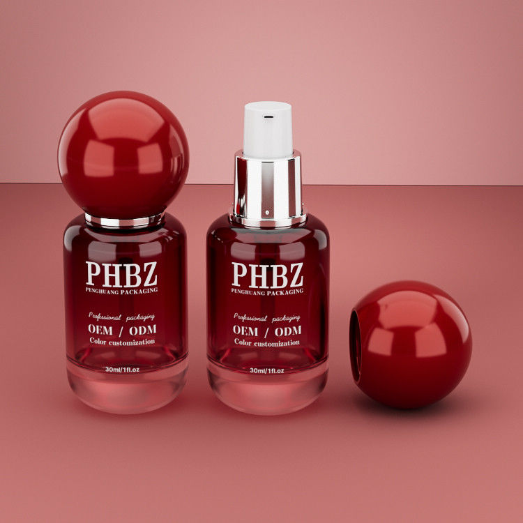 30ml / 1oz 빈 빨간색 기울기 유리 화장품 세움병 둥근 공 캡, 사용자 지정 색상 OEM ODM 로션 에센셜 오일 피부 관리 포장